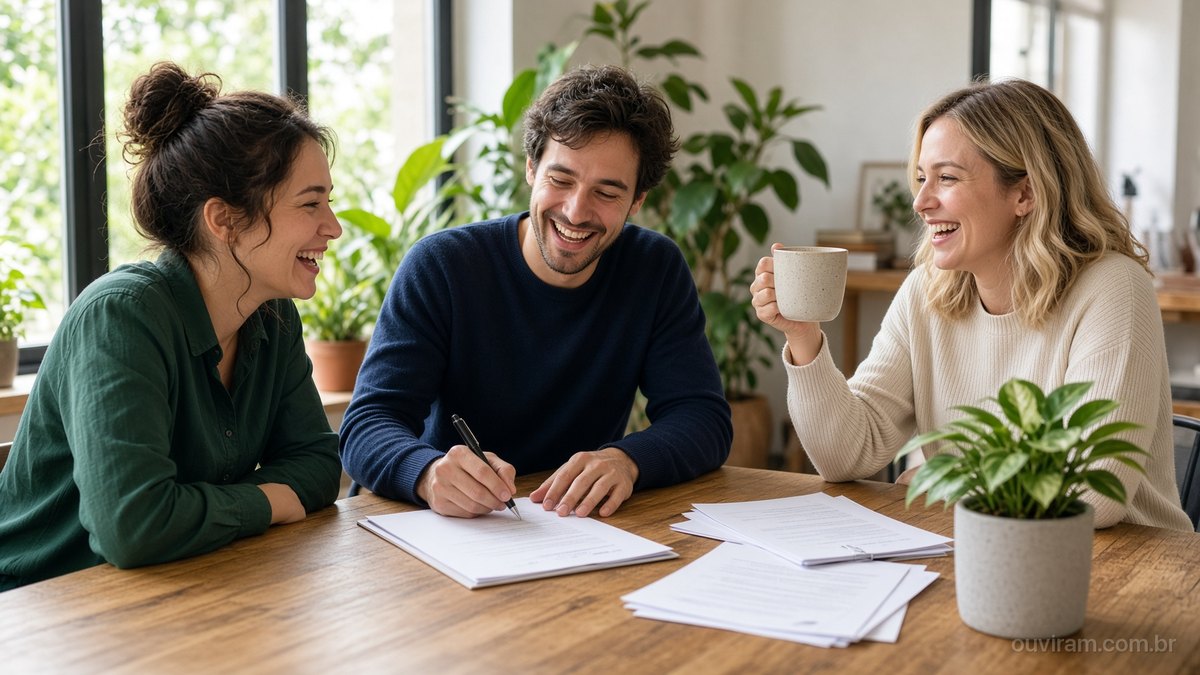 Três sócios riem numa mesa de madeira enquanto um deles assina um documento impresso, ao lado de folhas grampeadas, uma xícara de café e um vaso de planta