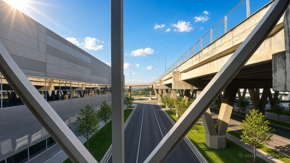 Terminal com fachada metálica e viaduto de acesso sob céu azul, no Aeroporto de Viracopos, em Campinas