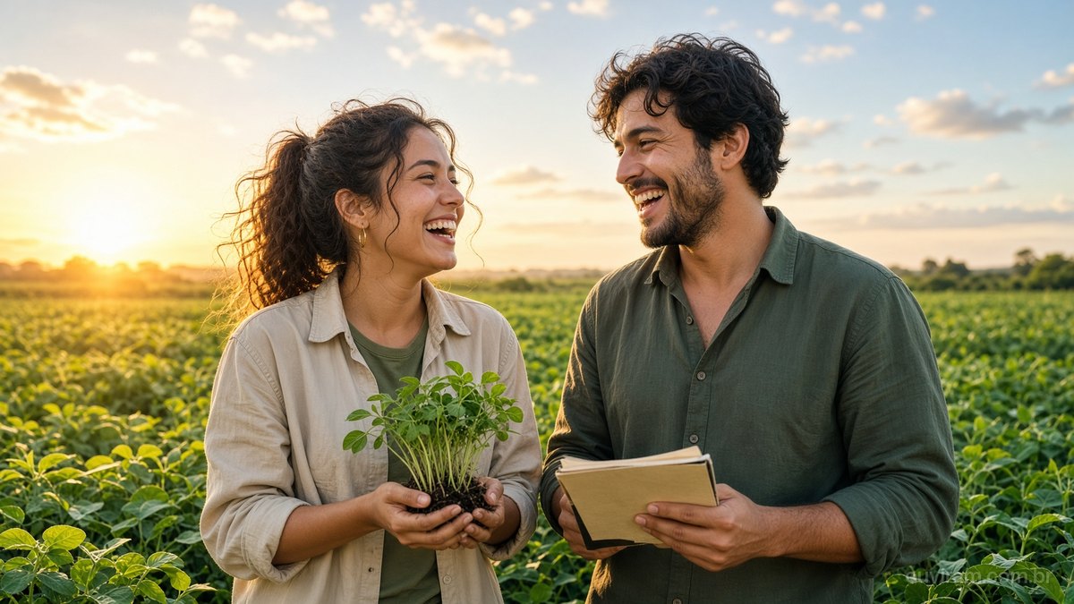Jovem agrônoma e jovem produtor sorriem numa lavoura verde ao amanhecer, segurando mudas e um caderno de campo de papel