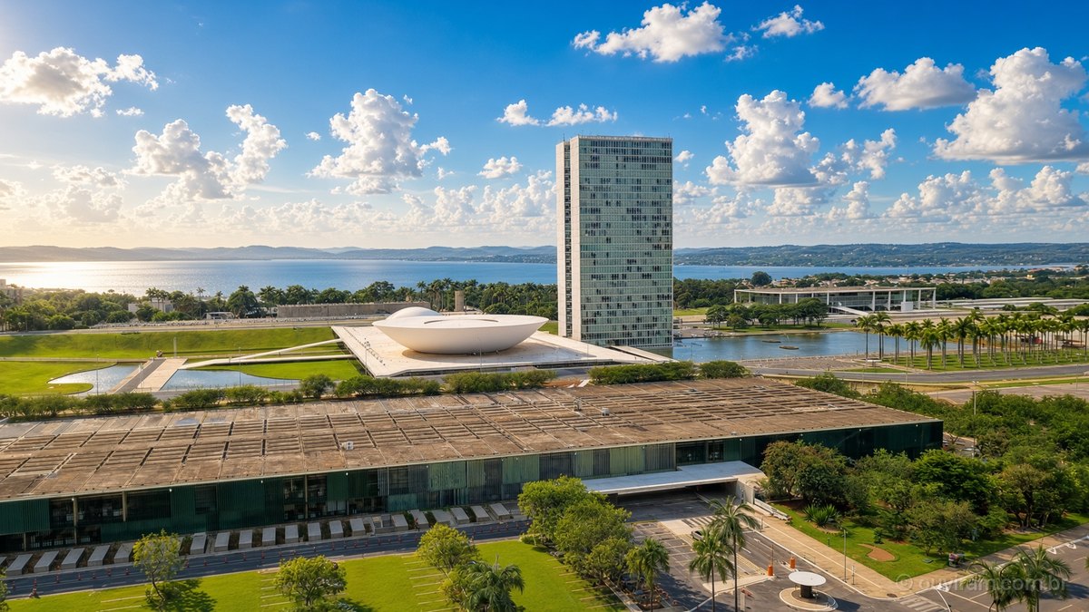 Torre e cúpula do Congresso Nacional vistas do alto, com o Lago Paranoá ao fundo, em Brasília