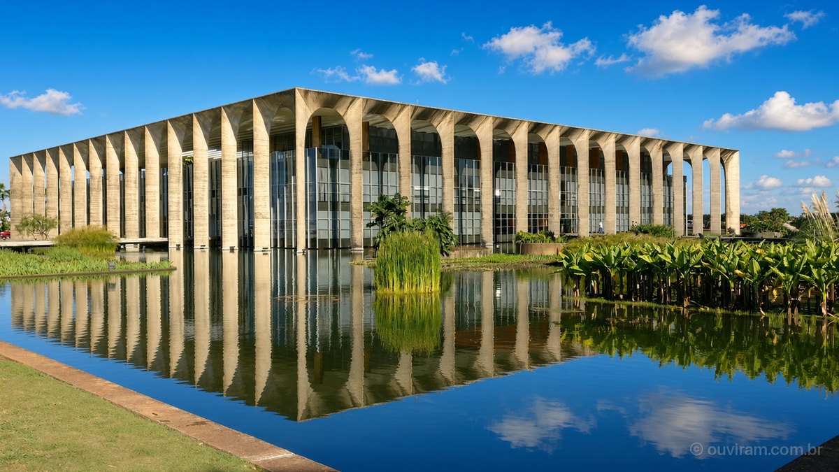Palácio Itamaraty, com seus arcos de concreto, refletido no espelho d'água sob céu azul, em Brasília