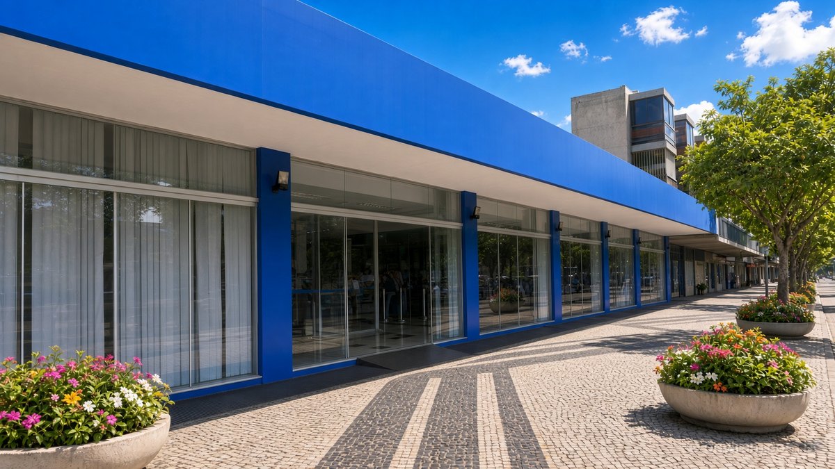 Fachada azul de agência da Previdência Social, com portas de vidro e vasos de flores, num dia de sol