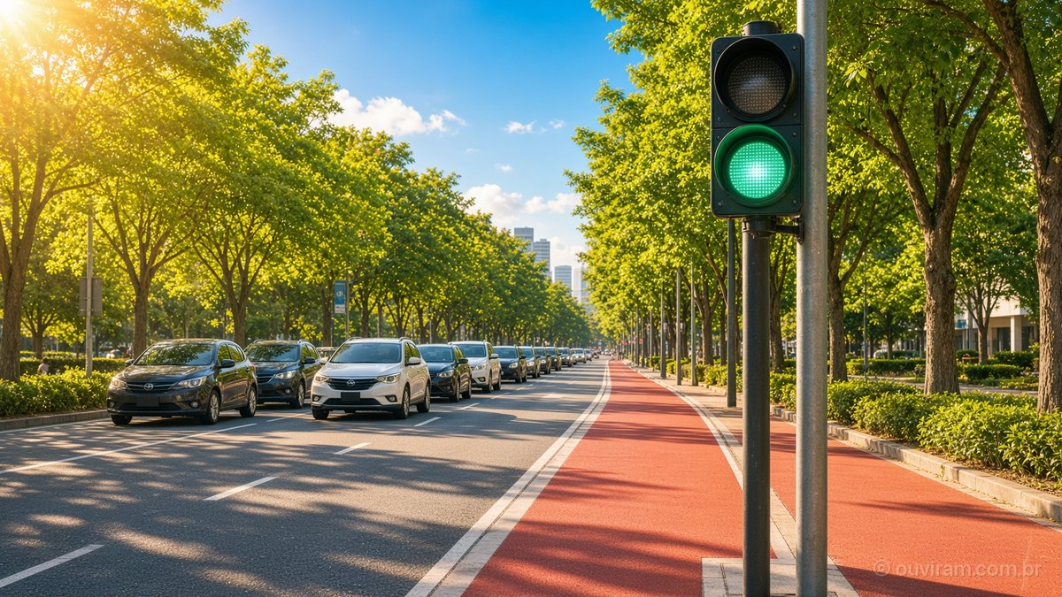 Semáforo com luz verde ao lado de ciclovia vermelha, em avenida arborizada com carros enfileirados, numa manhã de sol
