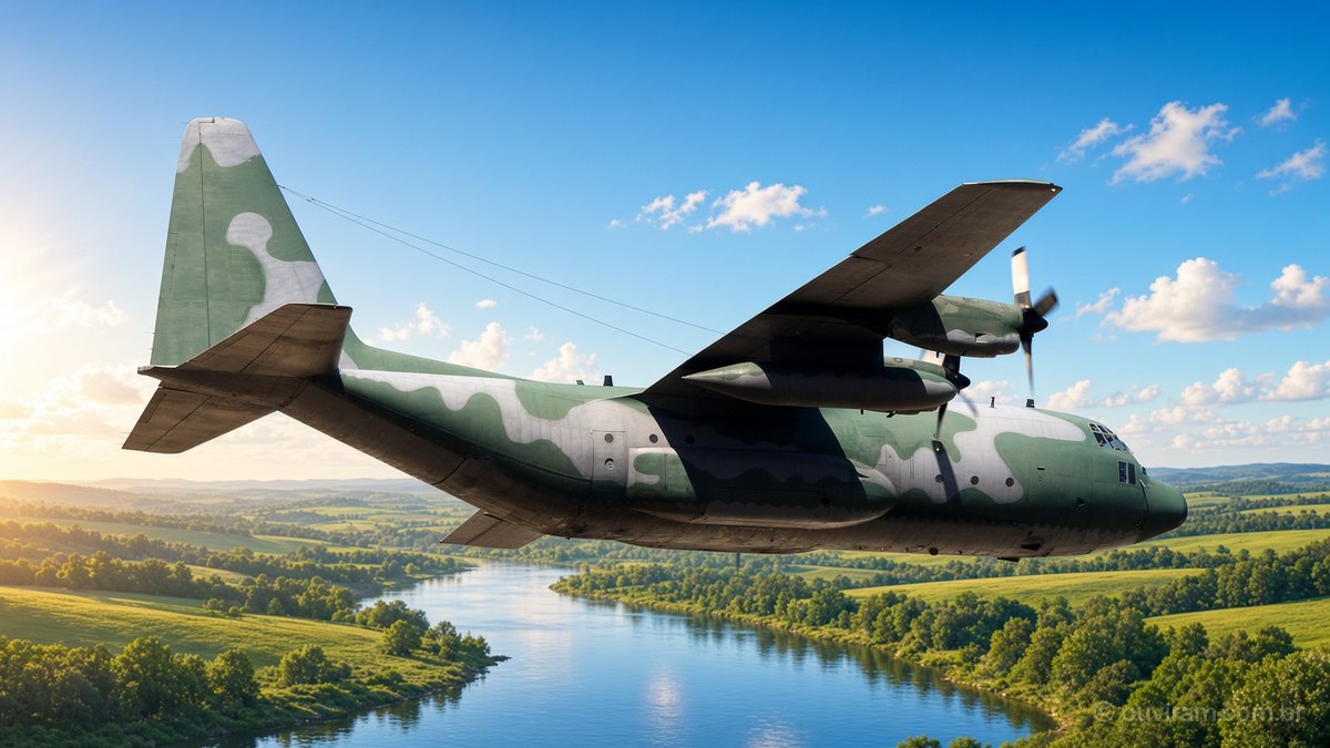 Avião de transporte militar quadrimotor com pintura camuflada verde e branca voa sobre rio e campos verdes numa manhã de sol