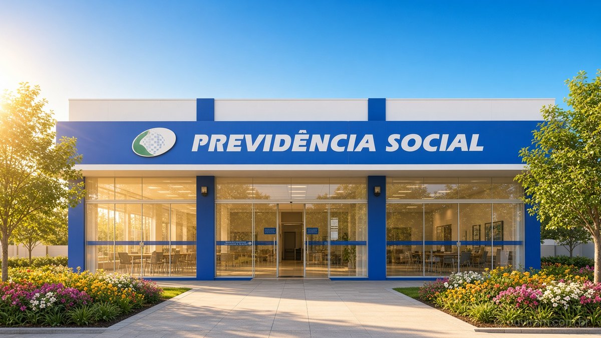 Fachada azul e branca de agência da Previdência Social, com árvores e canteiros floridos numa manhã de sol