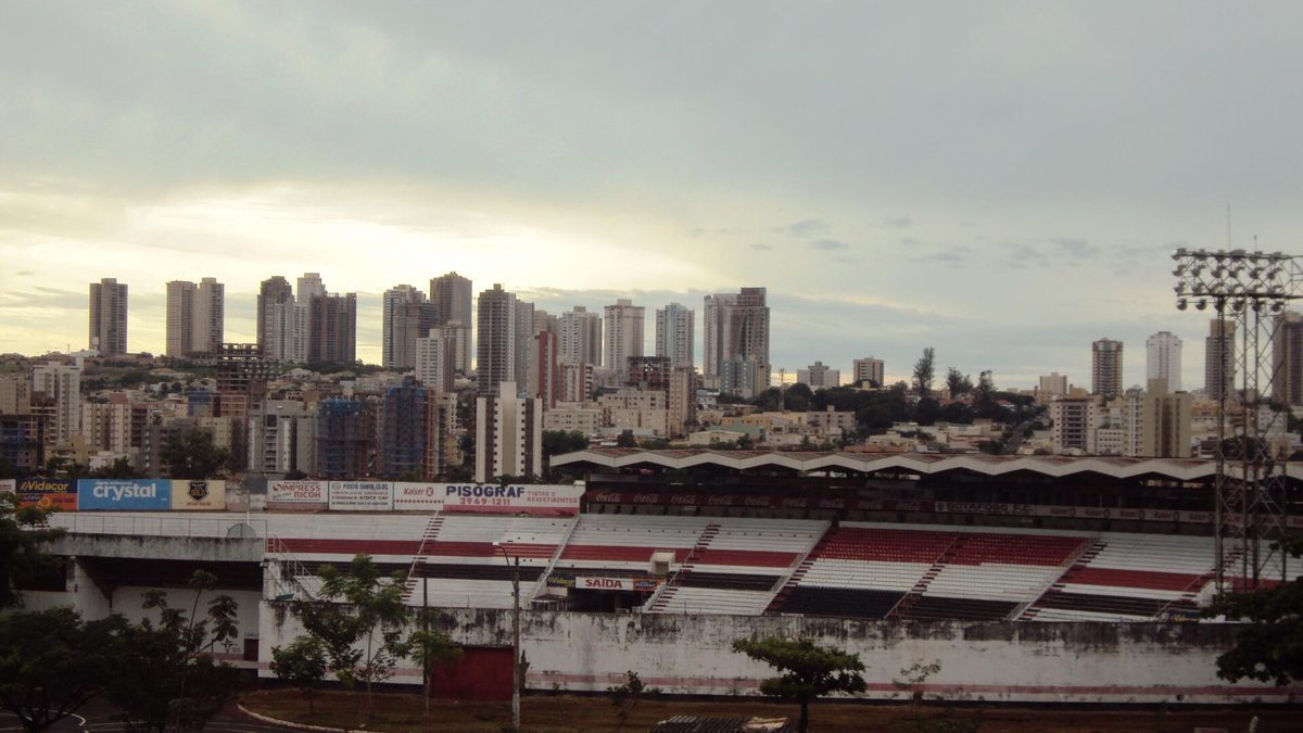 Arquibancadas do Estádio Santa Cruz com prédios de Ribeirão Preto ao fundo, em dia nublado