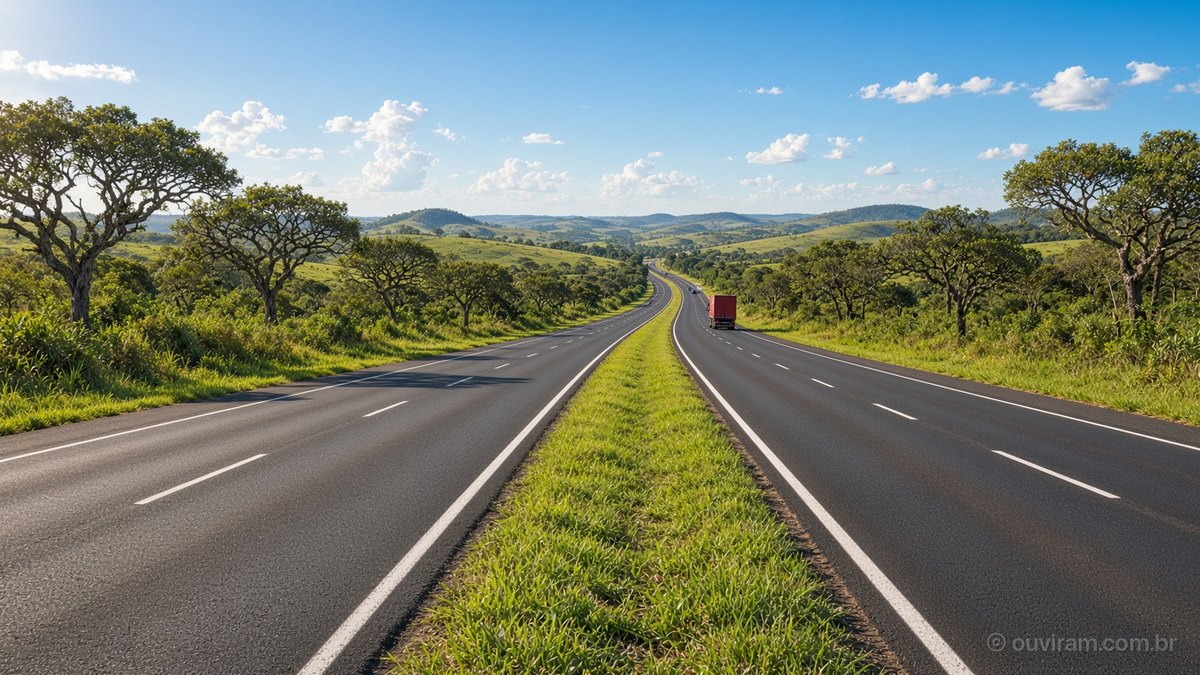 Rodovia federal duplicada com canteiro central gramado entre árvores do cerrado e morros, com um caminhão vermelho ao longe, sob céu azul
