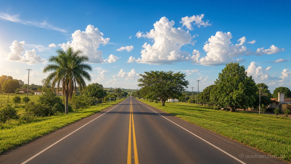 Rodovia de pista simples com faixa dupla amarela, palmeiras e árvores nas margens, sob céu azul com nuvens