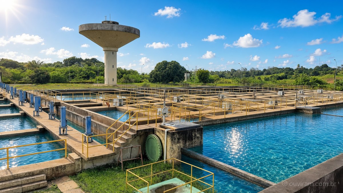 Tanques de água azul numa estação de tratamento, com caixa-d’água de concreto e mata verde ao fundo, numa manhã de sol