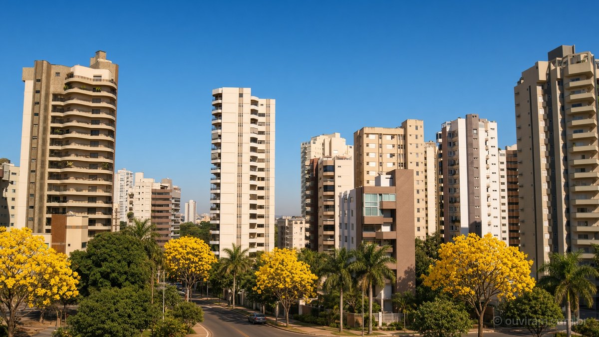 Prédios residenciais de Goiânia entre ipês-amarelos floridos e palmeiras, sob céu azul, com rua arborizada