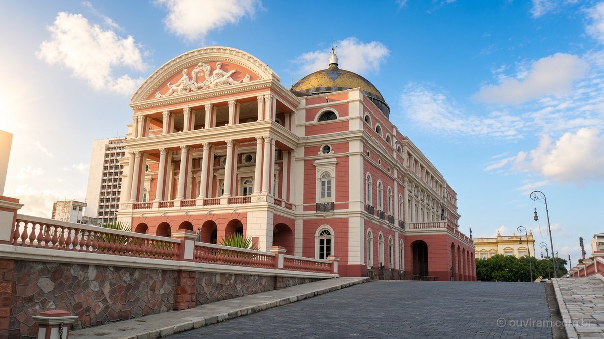 Teatro Amazonas, rosa com colunas brancas e cúpula colorida, sob céu azul ensolarado, no Centro de Manaus