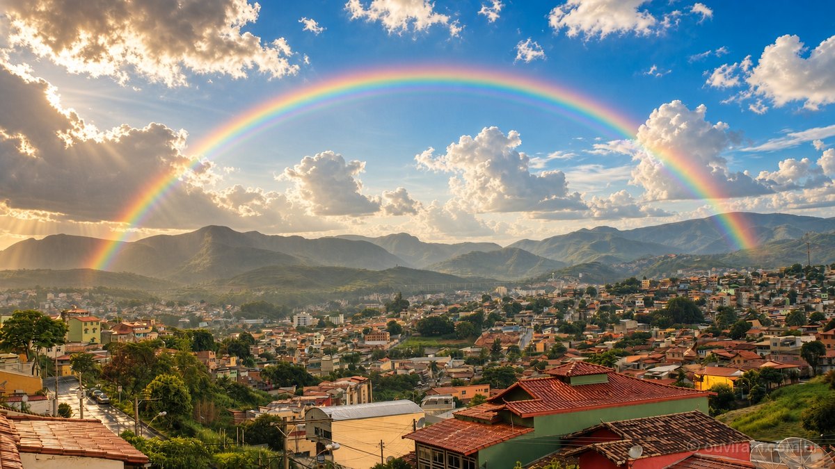 Arco-íris sobre as serras e os telhados vermelhos de um bairro de Belo Horizonte depois da chuva