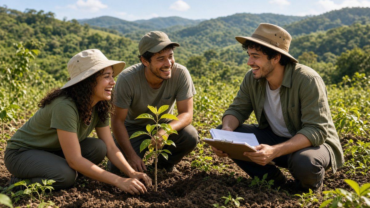 Jovem pesquisadora e dois colegas riem agachados ao plantar uma muda de árvore nativa em terra escura, com prancheta de papel e morros verdes ao fundo