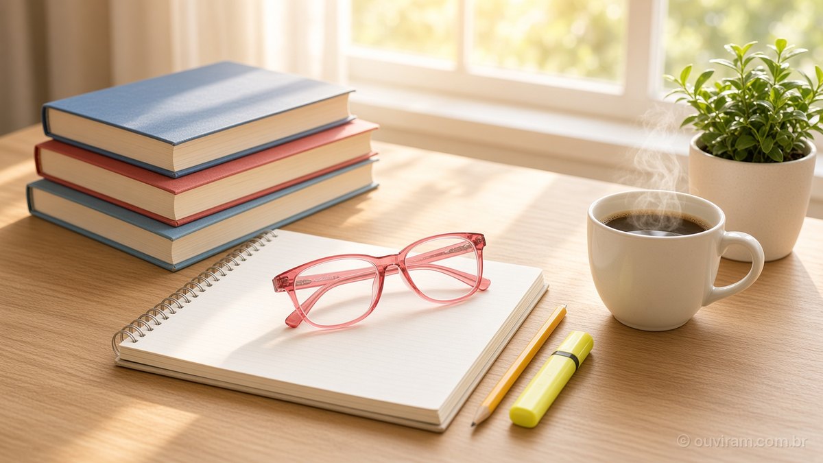 Mesa de estudo ensolarada com livros, caderno, óculos, lápis, marca-texto e xícara de café