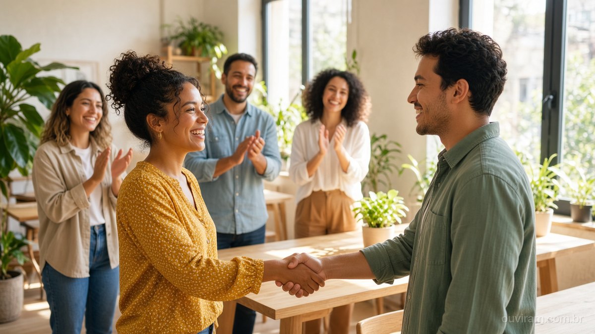 Fundadora sorridente aperta a mão de um jovem recém-contratado num escritório claro, enquanto colegas aplaudem ao fundo