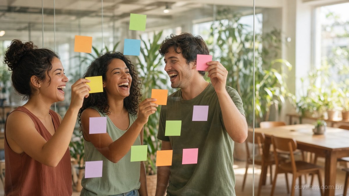 Jovens fundadores sorriem ao organizar notas coloridas numa parede de vidro, num espaço de trabalho claro com plantas