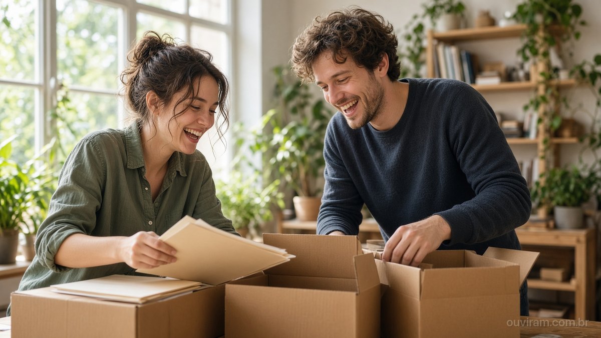 Dois fundadores sorriem ao guardar pastas de papel em caixas de papelão num escritório claro com plantas