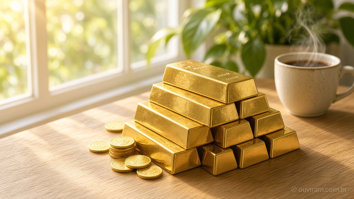 Barras e moedas de ouro empilhadas sobre mesa de madeira, junto a uma janela ensolarada