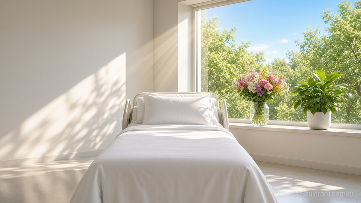 Quarto de hospital iluminado pelo sol da manhã, com leito de lençóis brancos, vaso de flores e planta na janela com vista para árvores