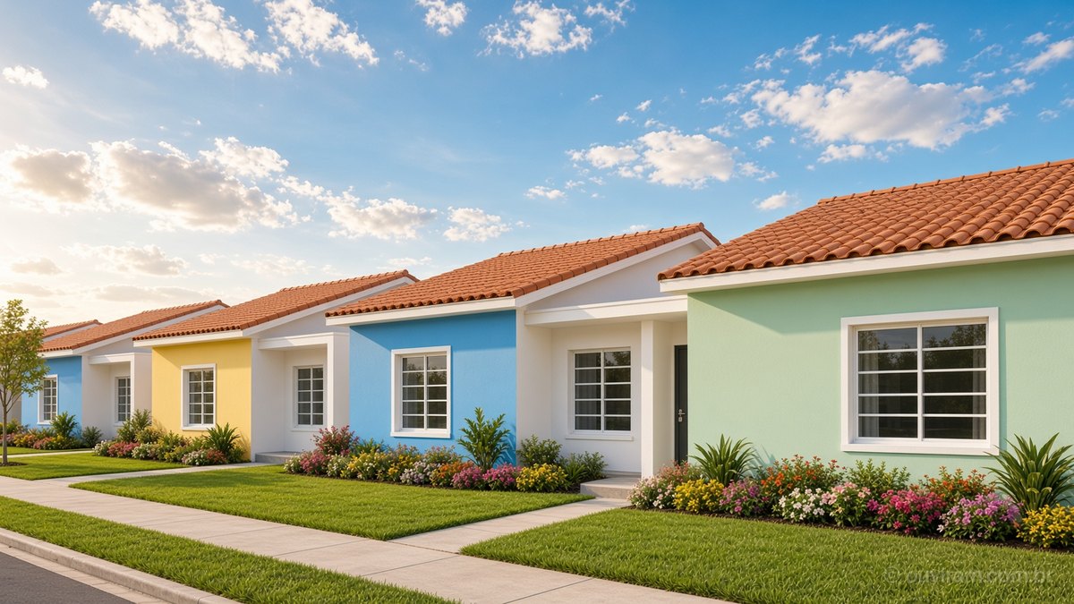 Fileira de casas novas térreas com telhado de cerâmica e paredes coloridas, jardins floridos e céu azul