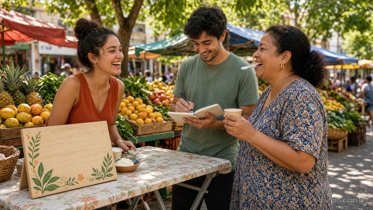 Jovem empreendedora ri numa feira ao ar livre enquanto uma cliente prova uma amostra num copo de papel e um colega anota as reações num caderno