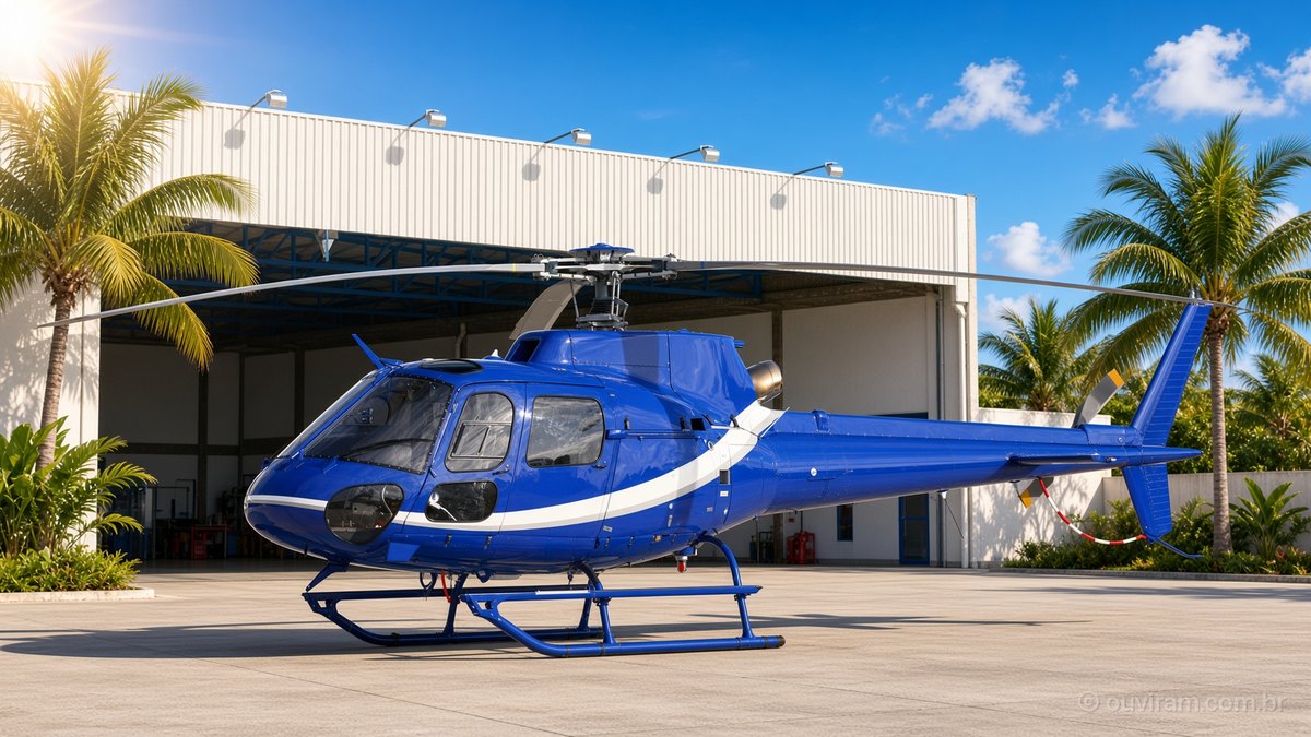Helicóptero azul e branco estacionado diante de hangar de grupamento aéreo, entre coqueiros, numa manhã de sol