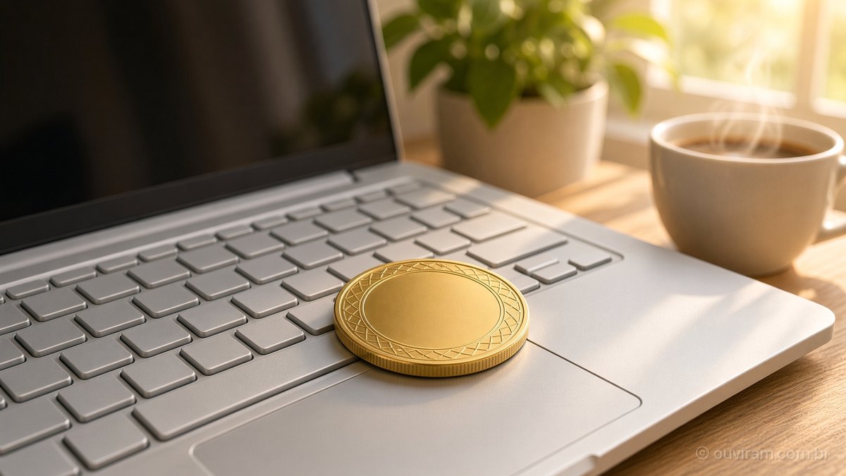 Moeda dourada sobre o teclado de um notebook, ao lado de uma xícara de café, em mesa iluminada pelo sol