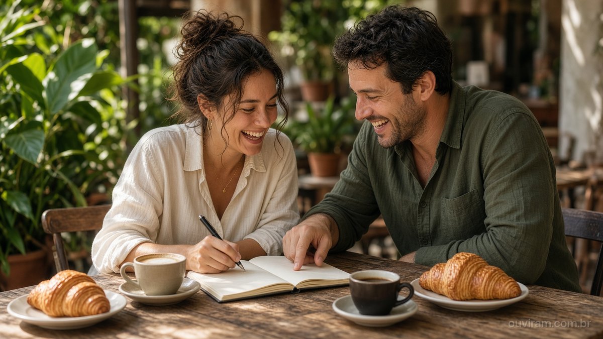 Casal sorri ao conversar sobre investimentos numa mesa de café, com caderno de anotações e xícaras