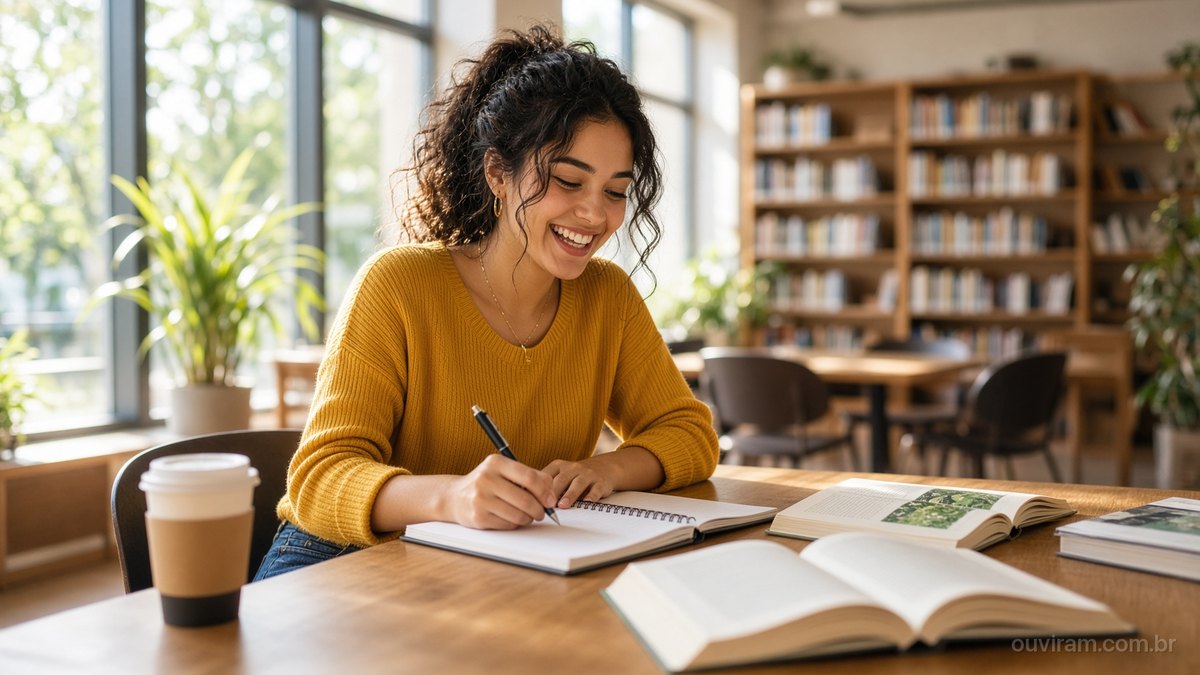 Jovem sorri enquanto escreve num caderno, com livros abertos e café, numa biblioteca iluminada
