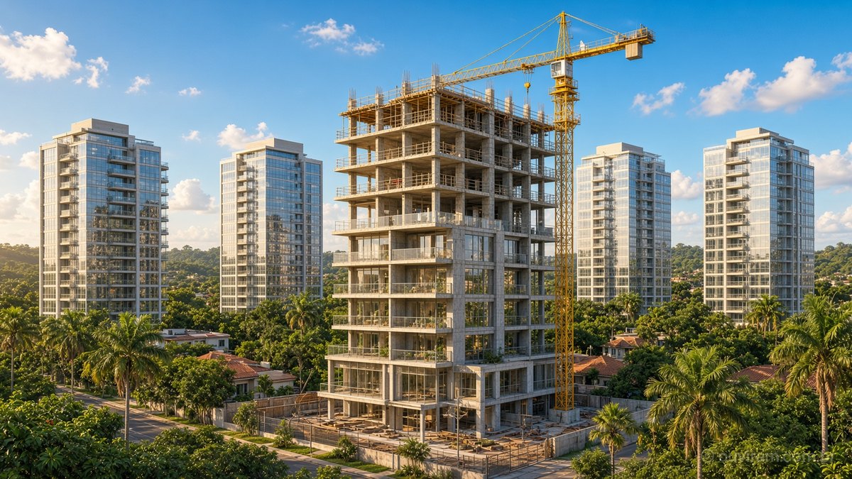Prédio residencial em construção com guindaste amarelo, entre torres prontas e árvores, num dia de sol
