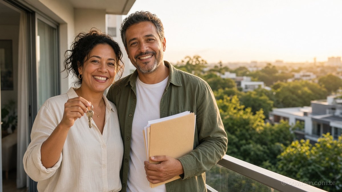 Casal sorridente segura as chaves e os documentos de um apartamento novo numa varanda ao pôr do sol