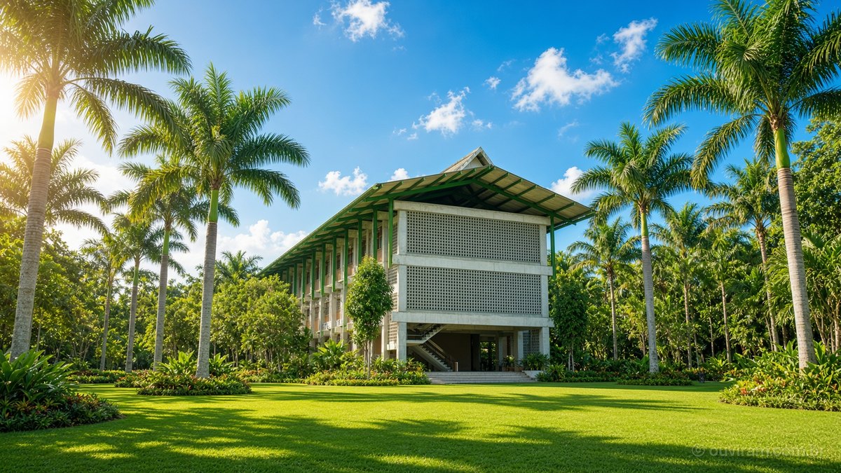 Prédio de campus universitário entre palmeiras altas e gramado verde, sob céu azul, numa manhã de sol em Manaus