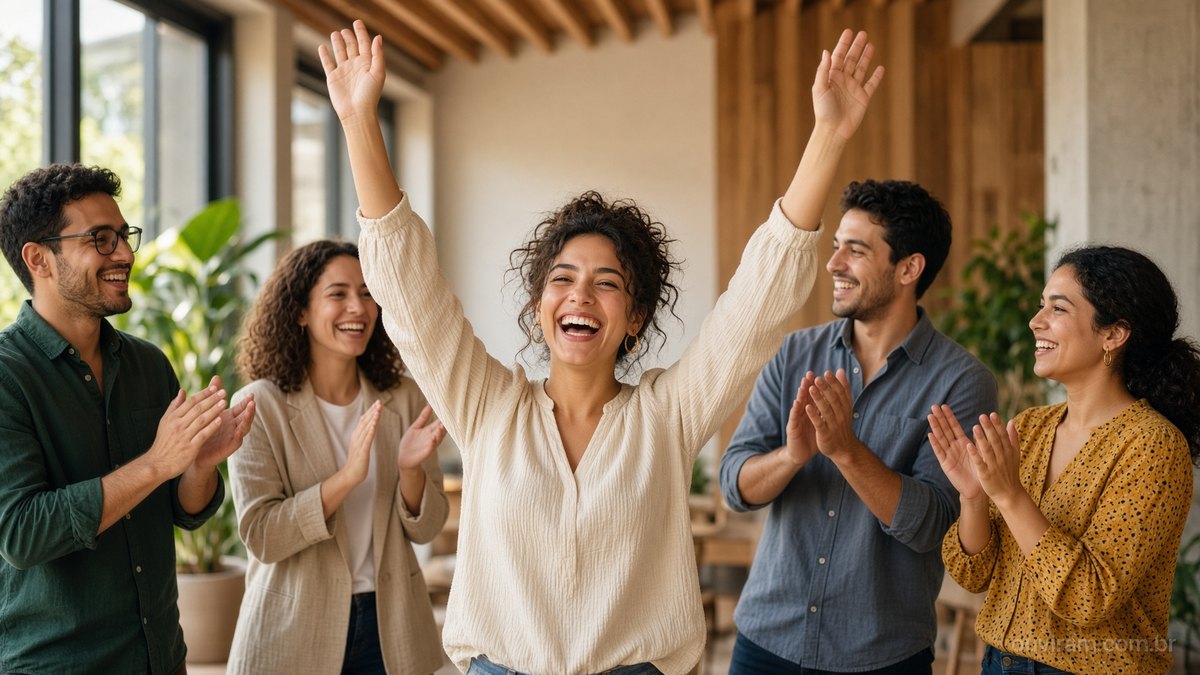 Jovens empreendedores comemoram ao fim de uma apresentação num centro de inovação claro e moderno