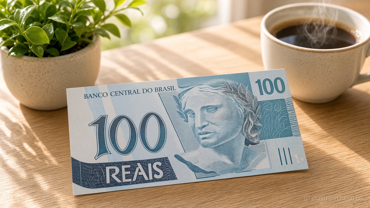 Cédula de 100 reais sobre mesa de madeira ao sol, com vaso de planta verde e xícara de café ao fundo