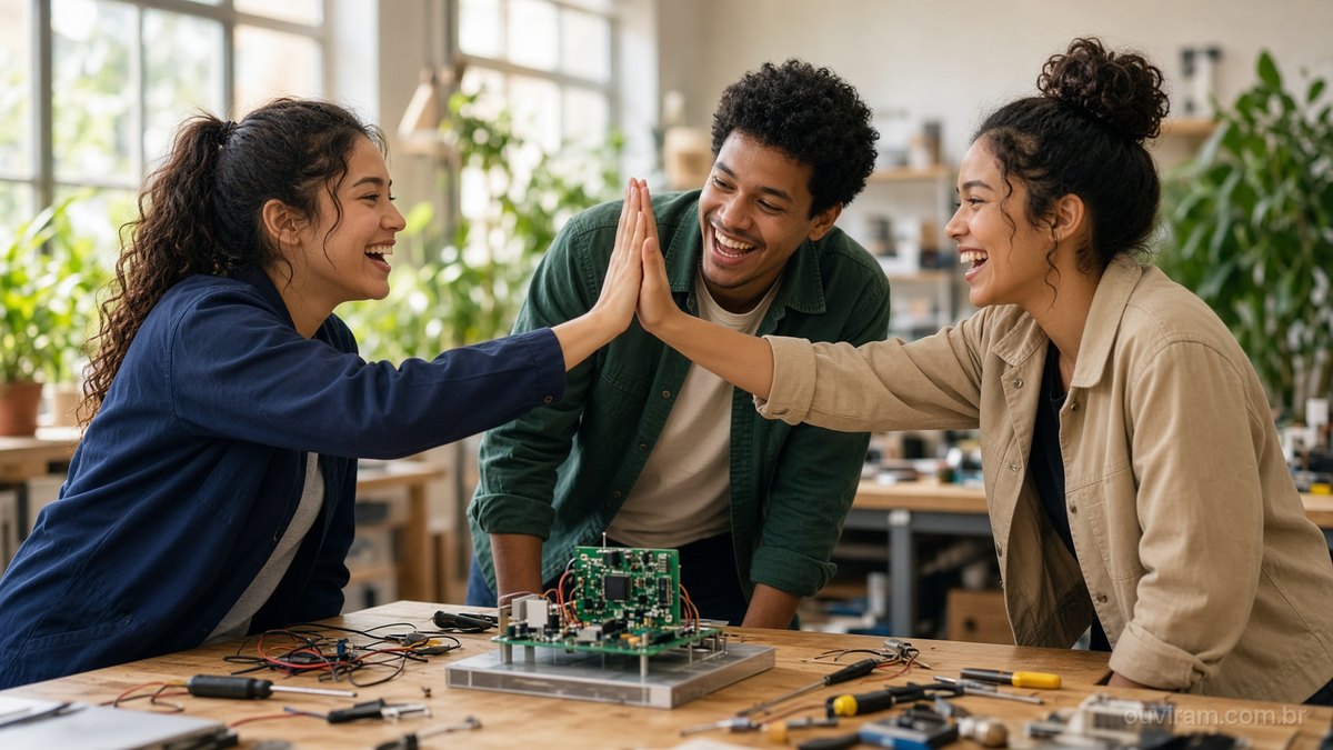 Três jovens engenheiros comemoram com um toque de mãos ao lado de um protótipo eletrônico numa oficina iluminada