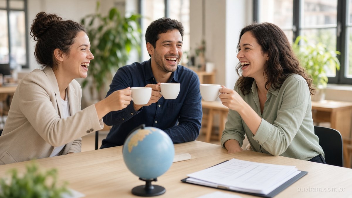 Três fundadores sorridentes brindam com xícaras de café num escritório claro, com um globo e documentos sobre a mesa