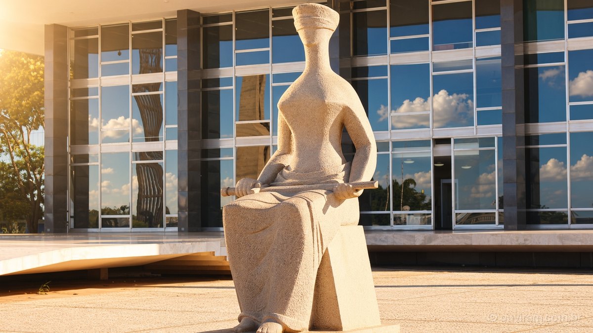 Estátua A Justiça, de granito, diante da fachada de vidro do Supremo Tribunal Federal, em Brasília, numa manhã de sol