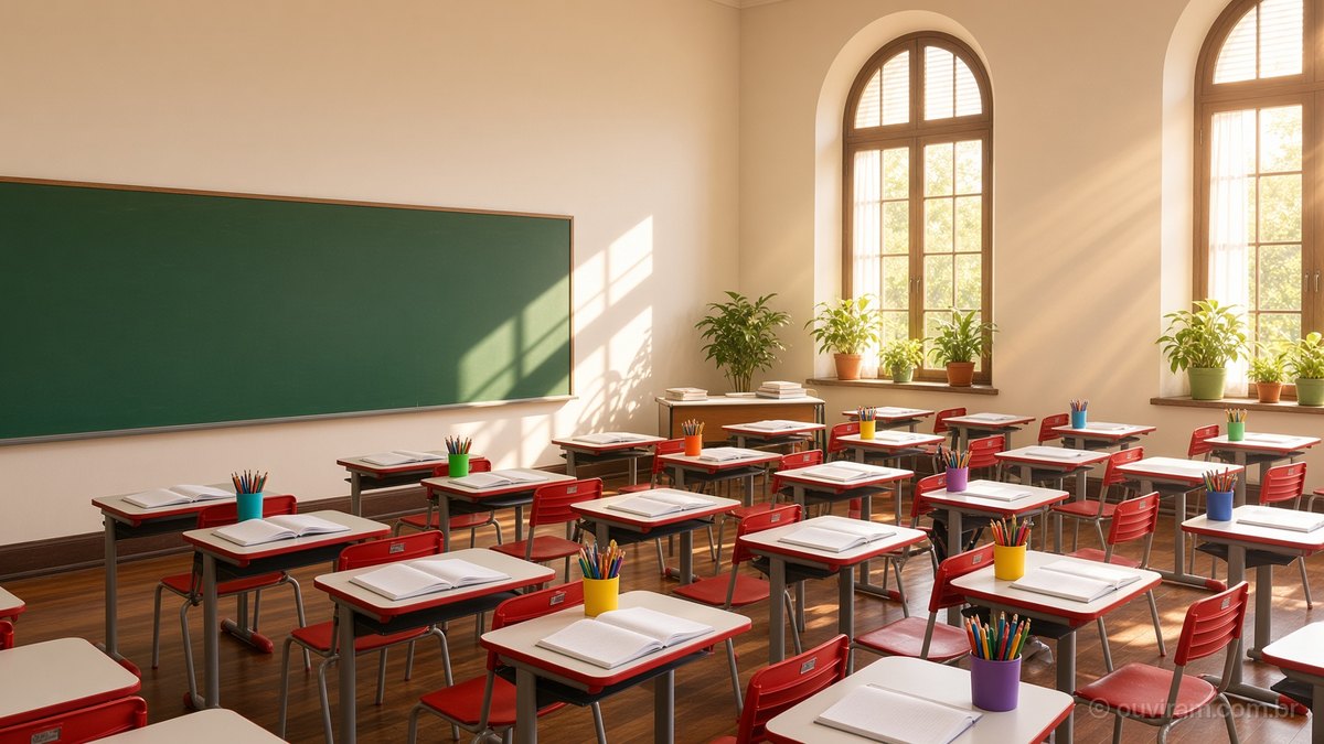 Sala de aula ensolarada, com carteiras vermelhas, cadernos abertos e quadro-verde, à espera dos alunos