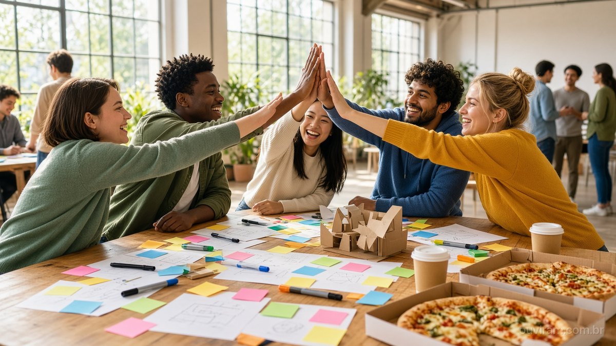 Cinco jovens comemoram com as mãos para o alto em volta de uma mesa coberta de notas adesivas coloridas, esboços em papel, um protótipo de papelão e caixas de pizza