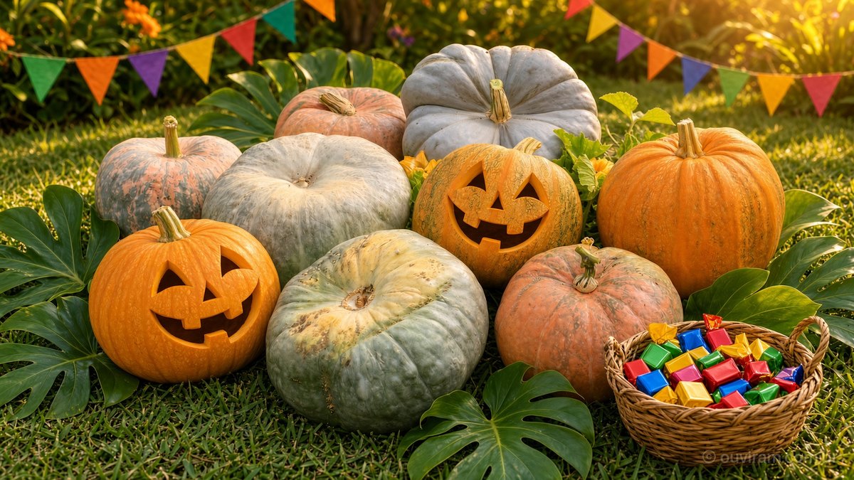 Abóboras coloridas sobre a grama de um quintal, duas delas esculpidas com rostos sorridentes, com bandeirinhas, folhas tropicais e um cesto de balas
