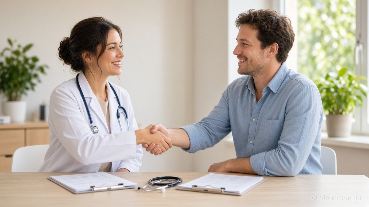 Jovem médica e fundador de startup sorriem e apertam as mãos num consultório claro, com pranchetas de papel na mesa