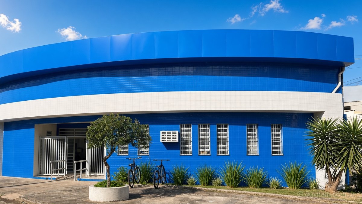 Prédio azul e branco de Unidade Básica de Saúde com canteiro de plantas na entrada, sob céu azul numa manhã de sol