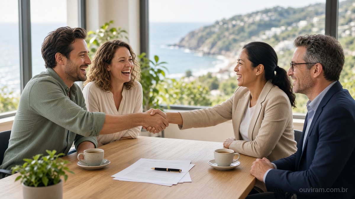 Fundadores e compradores sorriem e apertam as mãos ao fechar um negócio numa sala de reunião clara com vista para o mar