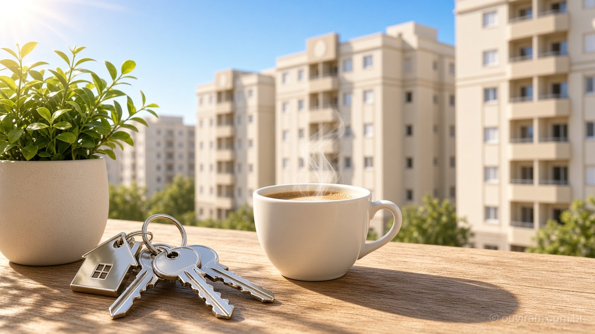 Chaves de apartamento com chaveiro em forma de casa sobre mesa de madeira ao sol, com xícara de café, vaso de planta e prédios residenciais ao fundo