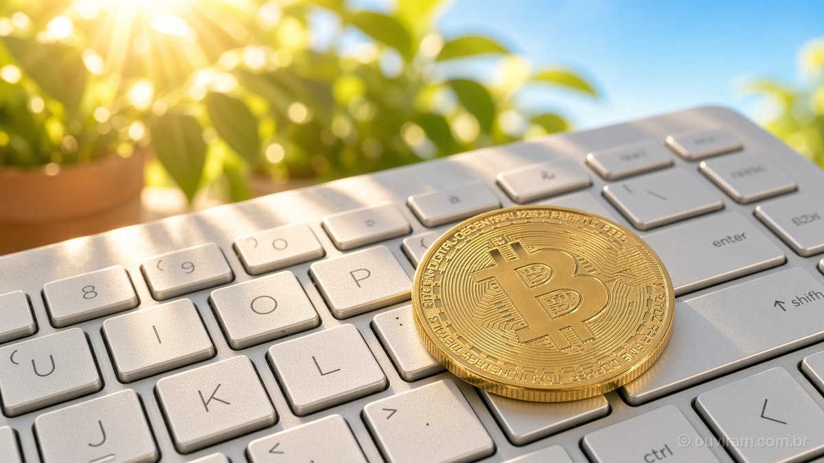 Moeda dourada com o símbolo do bitcoin sobre o teclado prateado de um notebook, banhada de sol, com plantas verdes ao fundo