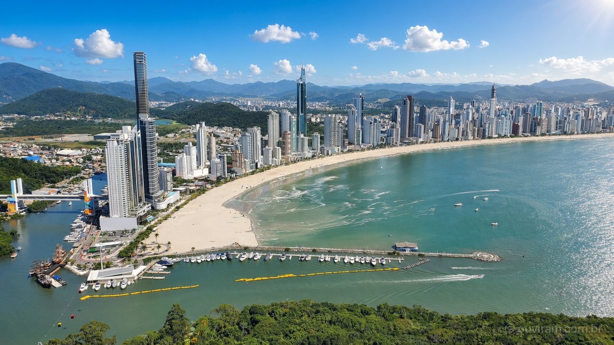 Vista aérea de Balneário Camboriú com prédios residenciais ao longo da praia de areia branca, mar azul-turquesa, marina com barcos e morros verdes ao fundo numa manhã de sol