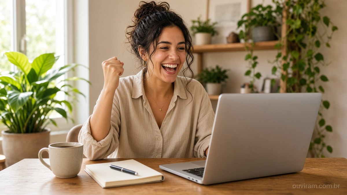 Jovem empreendedora sorri diante do notebook na mesa de casa, com plantas e luz natural