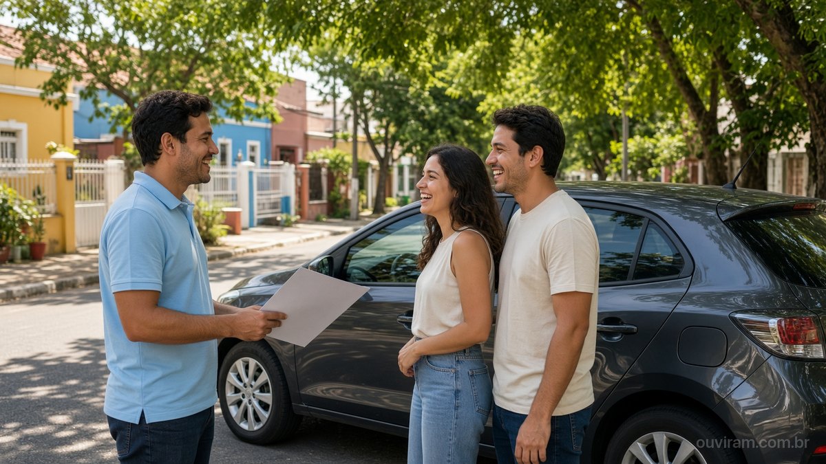 Um consultor de camisa polo azul entrega uma folha de papel a um casal sorridente ao lado de um carro cinza, numa rua arborizada com casas coloridas