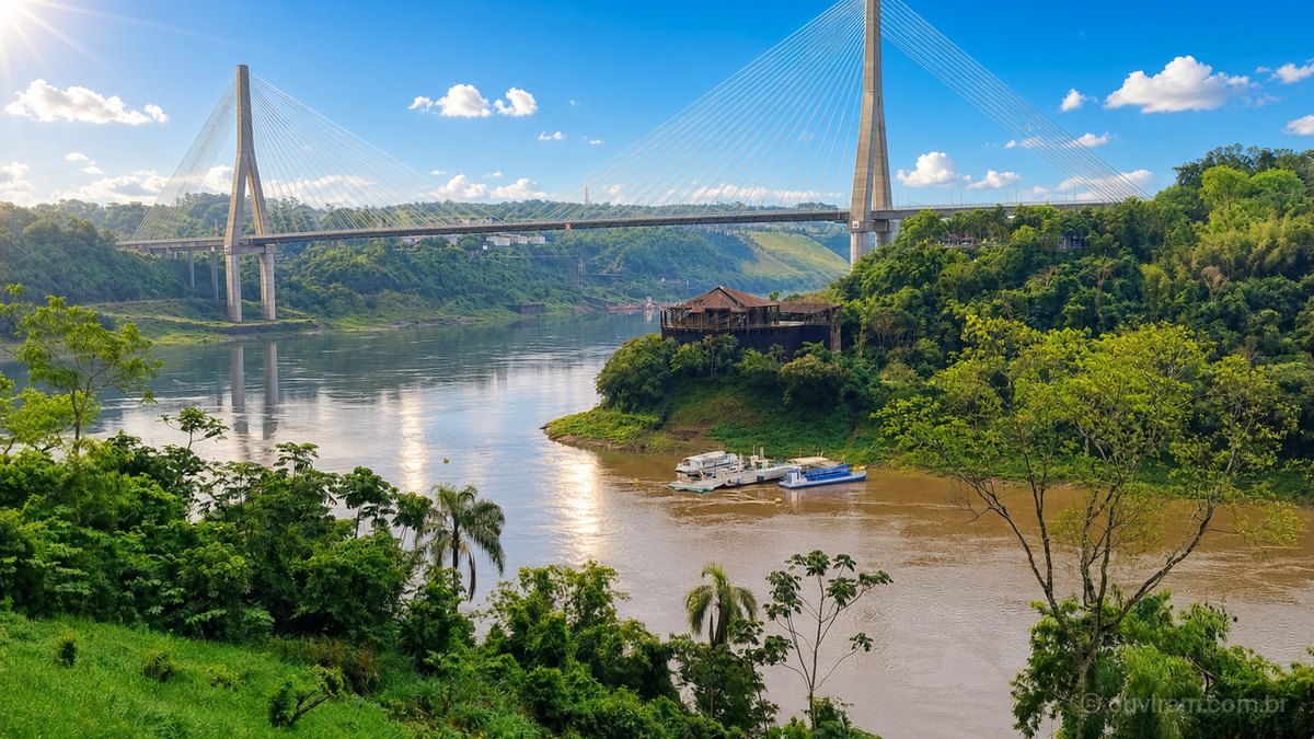 Ponte da Integração, estaiada, sobre o rio Paraná entre Brasil e Paraguai, com mata verde e céu azul