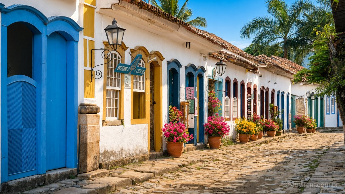 Rua de pedra com casario colonial branco, portas azuis e amarelas e vasos de flores em Paraty